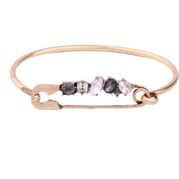 Safety Pin Crystal Bezelled Bracelet, Antique Gold Tone Bangle - Picture 7 of 8
